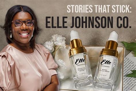 A Woman Standing In Front Of Two Bottles Of Elie Johnson Cos Products