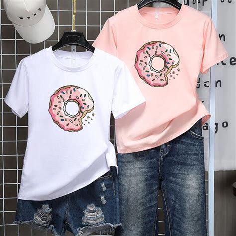 Donuts Print Women T Shirt Spring Summer Short Sleeve Round Neck Cotton