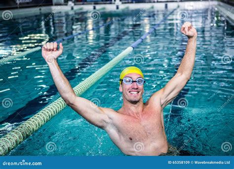 Happy Swimmer Put His Hands Up Stock Image Image Of Pool Splashing
