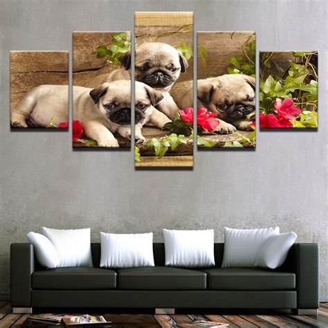 Modern Canvas Living Room Frame 5 Piece Cute Pug Puppies Flower Hd Home