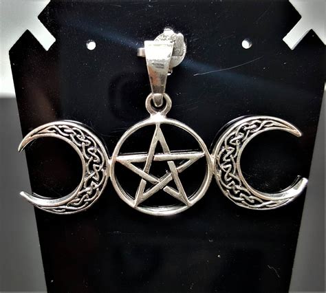 Triple Moon Goddess Sterling Silver 925 Pendant Pentagram Star Pagan