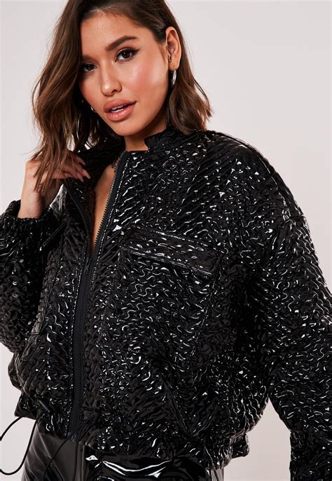 Black Vinyl Quilted Bomber Jacket Missguided