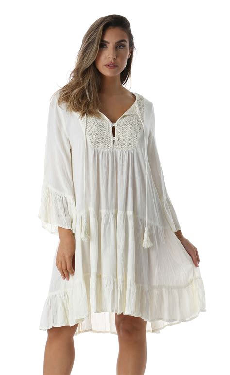 Riviera Sun Short Flowy Casual Dress With Crochet Front And Bell Sleeves
