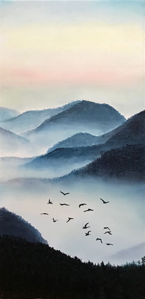 Original Oil Painting Irina Semchuk Early Morning Fog Hills Misty