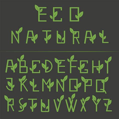 Eco Natural Font With Green Leaves On Black Background Typography