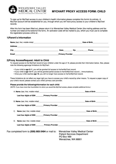 My Chart Proxy Access Form Child Printable Pdf Download
