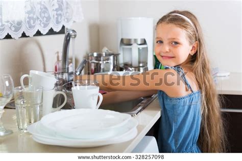 Independent Little Girl Doing Dishes Kitchen Stock Photo 328257098