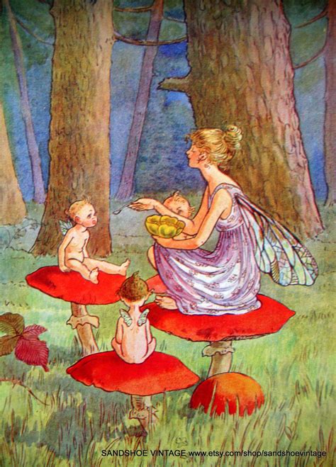 1920s Fairy Fairies On Toadstools Print Lithograph Fairy Art Art