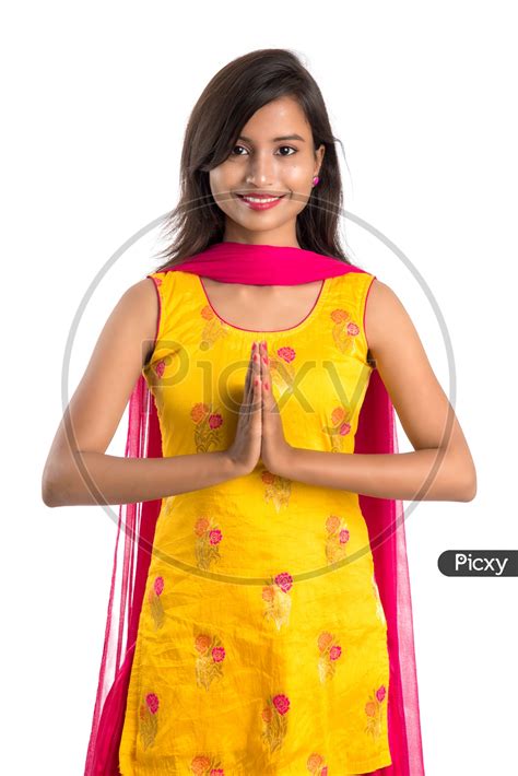 Image Of Young Indian Woman Or Girl With Smiling Face And Namaste