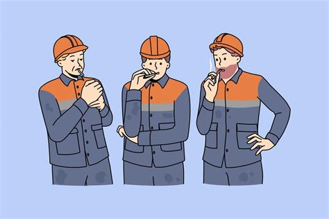 Male Workers In Uniforms Smoking Cigarette Outdoors Men Builders At Work Have Job Break At