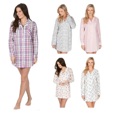 Ladies Womens Woven Cotton Nightshirt Button Up Long Sleeve Patterned Nightie Ebay