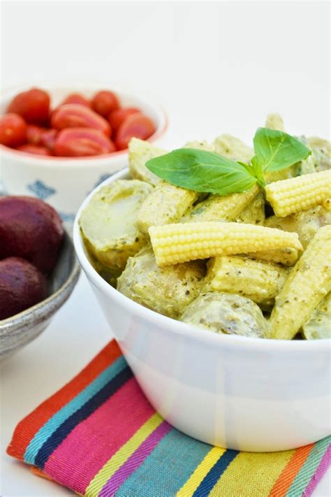 Creamy Pesto Potato Salad With Baby Corn Vegan Tinned Tomatoes