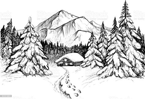Winter Forest In Mountains And House Sketch Stock Illustration