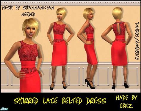 The Sims Resource Shirred Lace Belted Dress