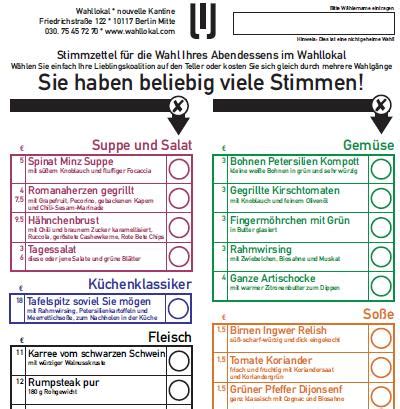 Ein vorgedrucktes blatt papier, das eine liste der zu einer wahl zugelassenen kandidaten und/oder parteien zeigt. Im Wahllokal in Berlin sieht die Speisekarte wie ein ...