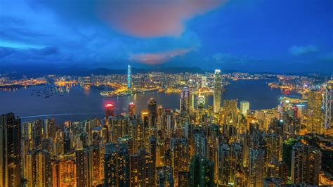 City Night View Hong Kong Skyscrapers Lights Sea Wallpaper