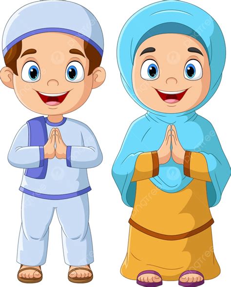 Kartun Anak Laki Laki Dan Perempuan Muslim Yang Bahagia Pria Jilbab