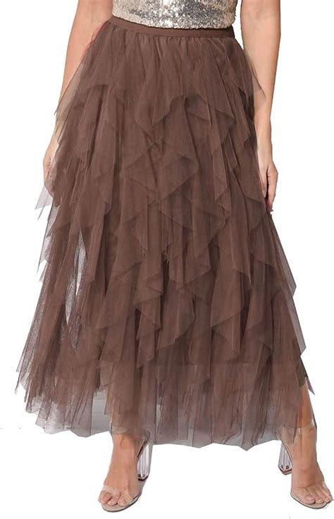 lily lulu fashion high waisted layered tulle ruffle midi skirt brown uk clothing