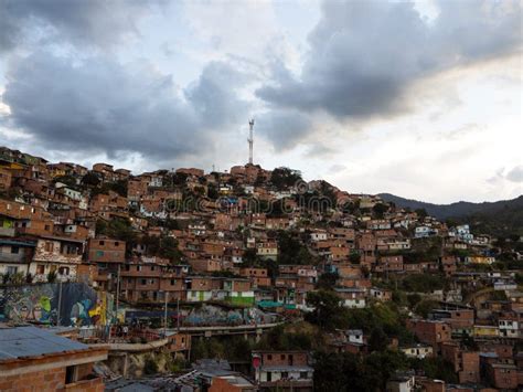 Panorama Cityscape Of Colorful Brick Houses In Comuna 13 San Javier