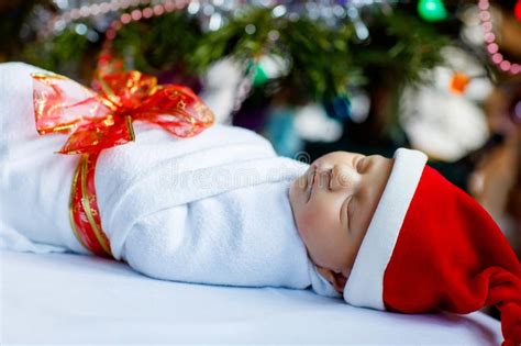 One Week Old Newborn Baby Wrapped In Blanket Near Christmas Tree Stock