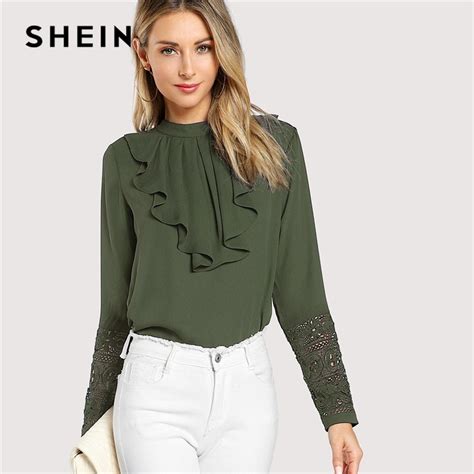 Shein Army Green Office Lady Solid Workwear Flounce Neck Lace Cuff Stand Collar Blouse Autumn