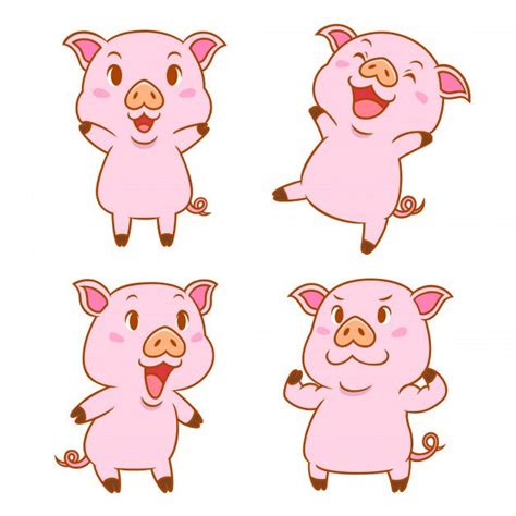 Set Of Cute Cartoon Pigs In Different Poses Premium Vector Pig