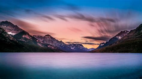 Long Exposure Of A Sunset Over Upper Waterton Lake In Waterton Lakes