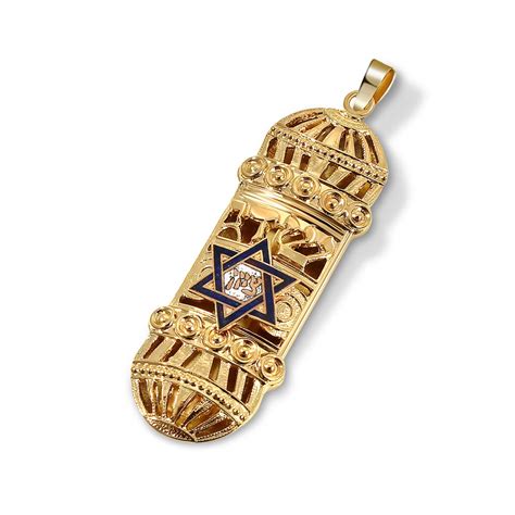 14k Gold Mezuzah Pendant Wblue Zion Star