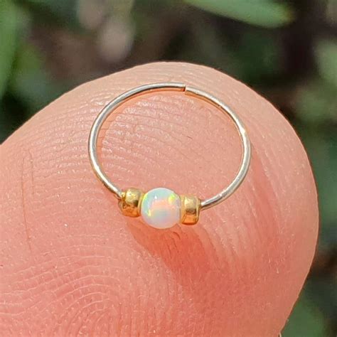 Thin 14k Gold Filled Tiny Nose Ring Hoop 2 Mm White Opal Piercing Nose Hoop 24 Gauge Very