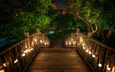 Lighted Wooden Path Bridge Wallpaper Outdoor Stairs