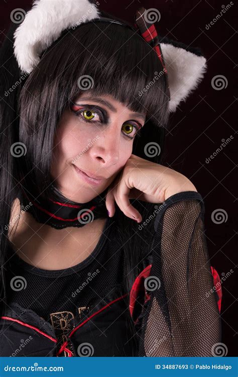 Victorian Cat Woman With Green Eyes Over Vintage Stock Image Image Of Bonnet Classic 34887693