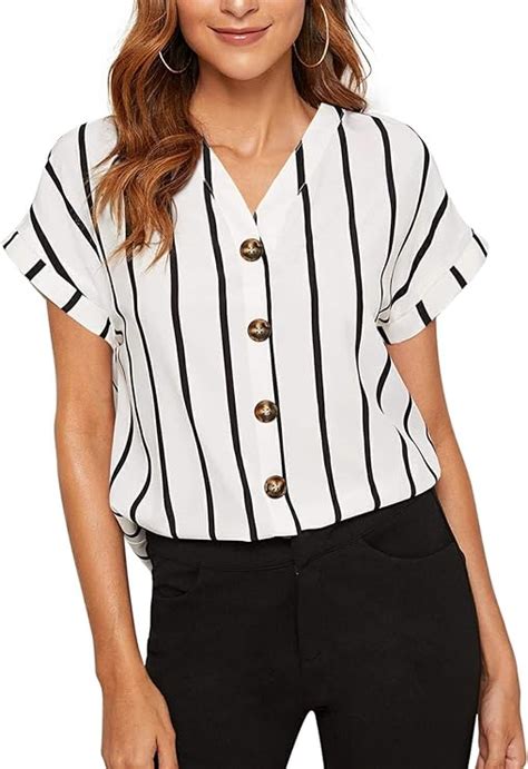 Women Casual V Neck Striped Summer Tops Cuffed Sleeve Button Down