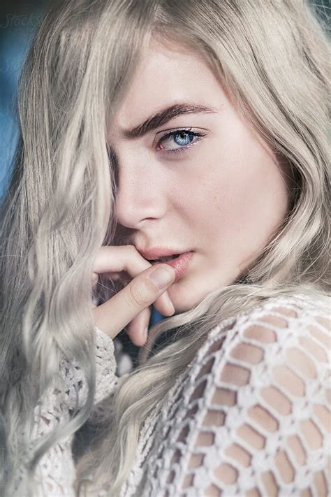 Young Beautiful Woman With Grey Hair And Blue Eyes By Stocksy