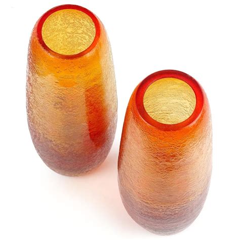 Murano Sunset Orange Red Corroso Surface Italian Art Glass Flower Vases For Sale At 1stdibs
