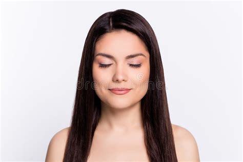 Photo Portrait Beautiful Woman With Closed Eyes Brunette Hair Isolated
