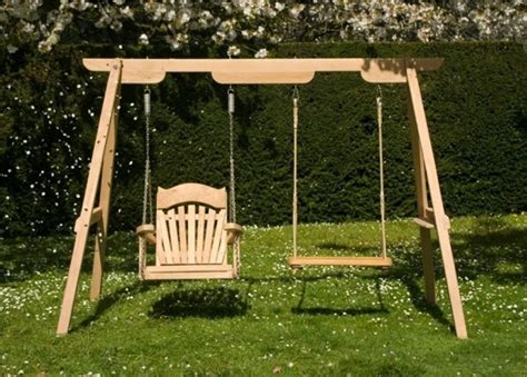 wooden garden swings  children  adults sitting