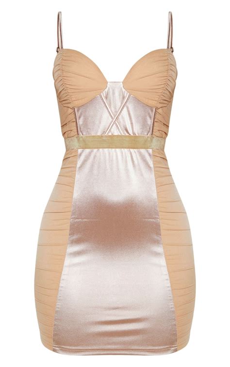 Champagne Satin Mesh Ruched Bodycon Dress Prettylittlething Usa