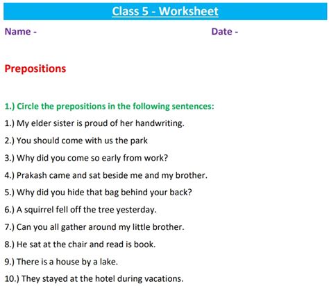 Prepositions Class 5 Worksheet Fill In The Blanks With Suitable