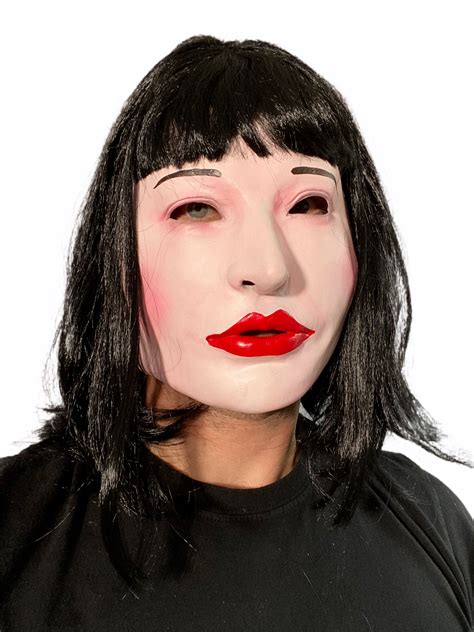 White Female Lady Doll Mask Black Hair Wig Latex Fetish Costume Demi