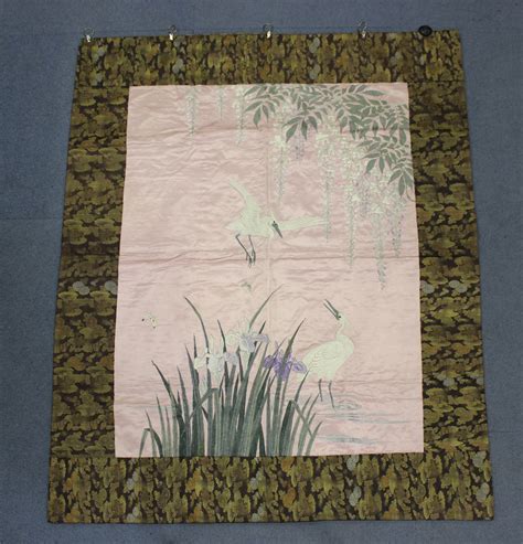 A Japanese Silk Embroidered Rectangular Wall Hanging Meiji Period Worked In Coloured Threads With