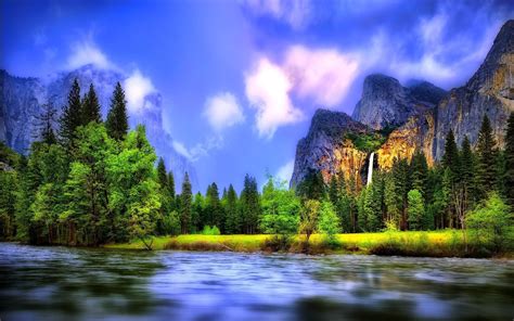 Beautiful Landscape River Forest Waterfalls Mountains Wallpaper