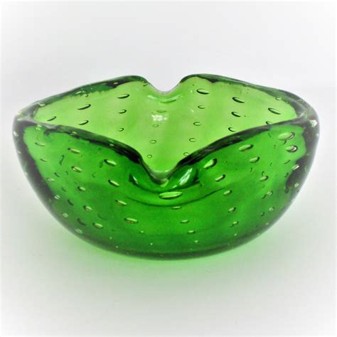 Vintage Green Glass Bowl Ashtray With Bubbles Italian Murano Etsy