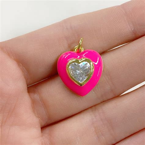 Hot Pink Heart Charm Gold Plated Enamel Charm With Large Cz Etsy