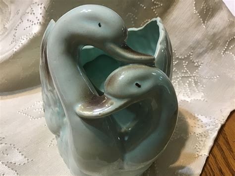 Vintage Double Headed Swan Planter Teal With Brown Wings Etsy