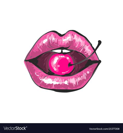 Pop Art Female Pink Lipstick Sexy Lips Biting Vector Image