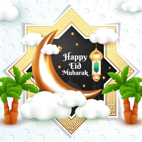 Happy Eid Mubarak Greeting Card With 3d Cartoon Style 3242379 Vector