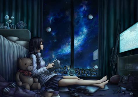 4465 views | 6098 downloads. Wallpaper : night, anime girls, space, teddy bears ...