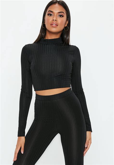 Missguided Synthetic Petite Black Ribbed High Neck Crop Top Lyst