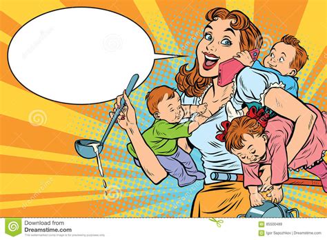 Ads depicting mothers in the uk and australia between 1950 and 2010 continue to limit maternal knowledge to there's a woman at home in the kitchen. Cheerful Mother With Three Children Working Stock Vector ...