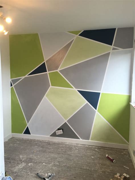 Geometric Painted Wall Grey Silver Powder Blue Apple Green And Lime Geometric Wall Paint
